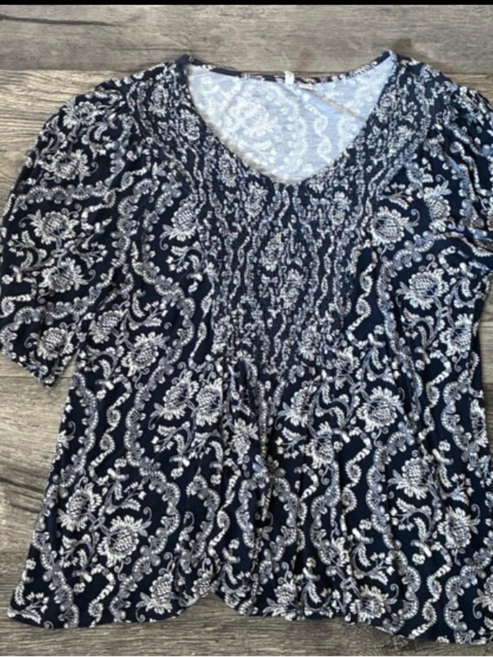 Cato Navy and White Paisley V-Neck Blouse